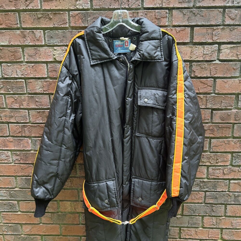 SafTBak Chiller Killer Insulated Coveralls Sz‎ L Black Orange Stripe Vintage USA